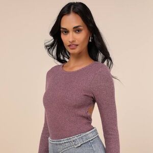 Lulus Everyday Babe Heather Purple Ribbed Long Sleeve Cutout Bodysuit - Size M